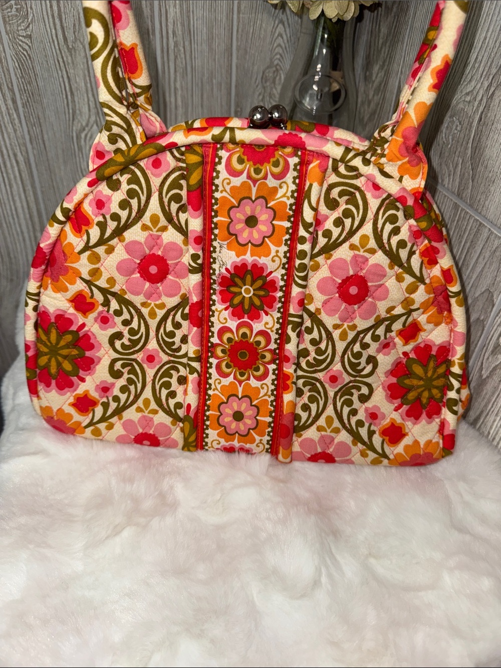 Vera Bradley Floral Quilted Handbag-Pink, Olive & Orange - Picture 3 of 11
